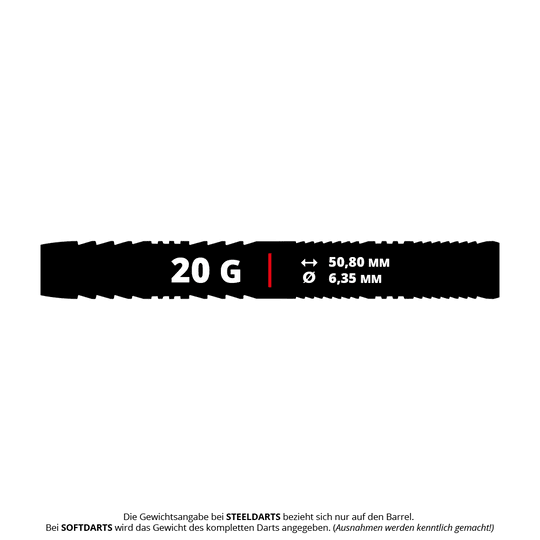Red Dragon Seren 1 Pure Softdarts - 20g Das Bild zeigt die Maße und das Gewicht des Produkts "Red Dragon Seren 1 Pure Softdarts - 20g". Der Dart wiegt 20 Gramm, ist 50,80 mm lang und hat einen Durchmesser von 6,35 mm.