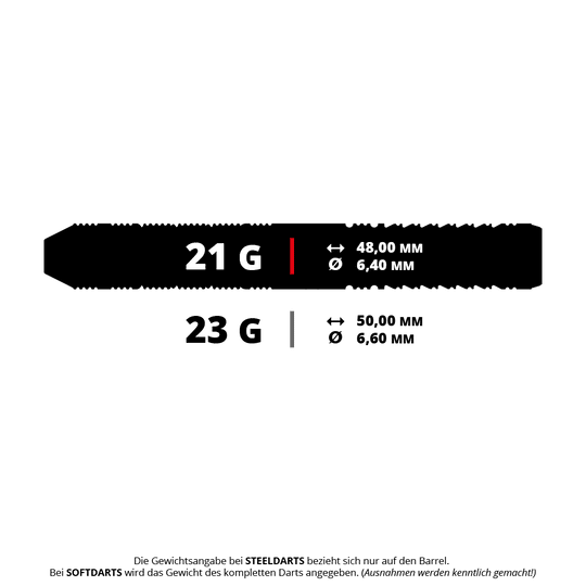 Target Japan Black Marque Reyn GEN2 steel darts Das Bild zeigt zwei verschiedene Steeldarts mit unterschiedlichen Gewichten und Maßen. Ein Dart wiegt 21 g und ist 48 mm lang, der andere wiegt 23 g und ist 50 mm lang.