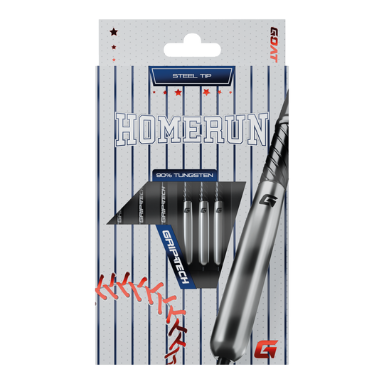GOAT Homerun Baseball Tungsten Steel Darts Das Bild zeigt die Verpackung der "GOAT Homerun Baseball Tungsten Steeldarts" mit Stahlspitze. Auf der Vorderseite sind drei Darts sowie baseballtypische Designelemente abgebildet.