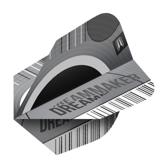 Target Pro Ultra Dimitri Van Den Bergh X Echo No6 Flights - 3 Sets Das Bild zeigt die Target Pro Ultra Dimitri Van Den Bergh X Echo No6 Flights. Die Flights sind in Grau- und Schwarztönen gestaltet und tragen die Aufschrift „DREAMMAKER“.