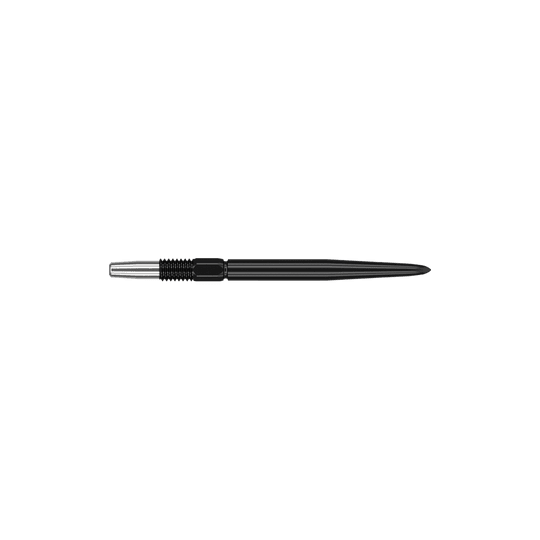 Target Swiss Point Black dart tips Das Bild zeigt eine schwarze Dartspitze mit einer silbernen Befestigung. Die Spitze ist schlank und misst 26 mm in der Länge.