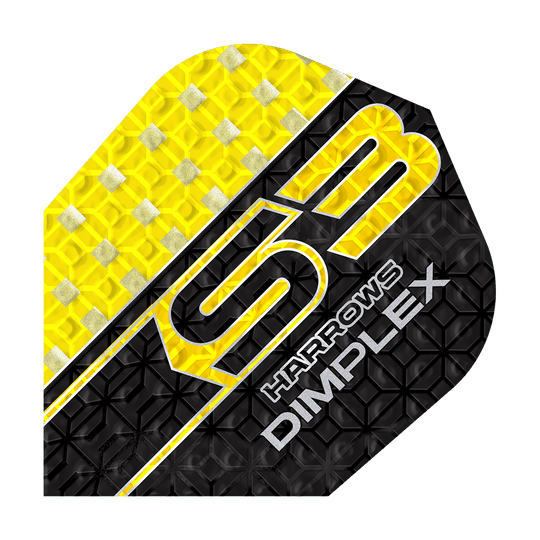 Harrows Dimplex S3 Flights - Yellow Das Bild zeigt das Produkt "Harrows Dimplex S3 Flights - Gelb". Das Flight ist gelb und schwarz mit silbernen Details und einem strukturierten Muster gestaltet.