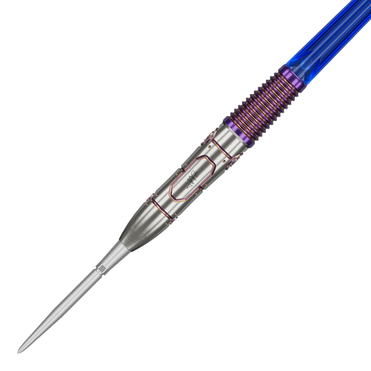 Target Japan Haruki Muramatsu Rising Sun GEN9 Steeldarts - 23g Das Bild zeigt einen Target Japan Haruki Muramatsu Rising Sun GEN9 Steeldart mit einem Gewicht von 23g. Der Dart hat ein auffälliges Design mit silberner Spitze, violetten Akzenten und einem blauen Schaft.