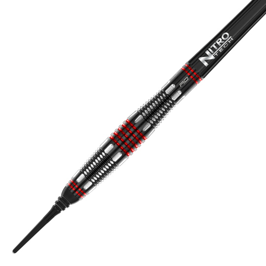 Red Dragon Marlin Venom Soft Darts - 22g Das Bild zeigt den Red Dragon Marlin Venom Softdart mit einem Gewicht von 22 Gramm. Der Dart hat ein schwarzes und silbernes Design mit auffälligen roten Ringen und einer „Nitro Tech“-Beschriftung.