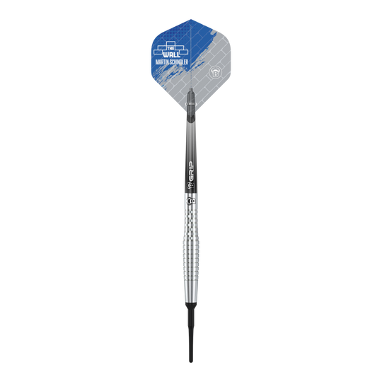 Bulls Martin Schindler Original Generation 2 soft darts Das Bild zeigt einen Bulls Martin Schindler Original Generation 2 Softdart. Der Dartpfeil hat ein silbernes, geriffeltes Barrel und ein Flight mit blau-grauem Design.