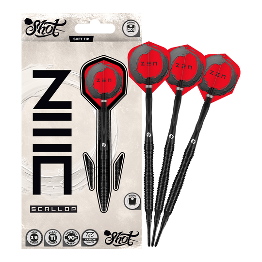 Shot ZEN Scallop Soft Darts - 20g Das Bild präsentiert die Shot ZEN Scallop Softdarts - 20g in voller Ansicht. Diese Darts zeichnen sich durch ihre hochwertige Verarbeitung aus.