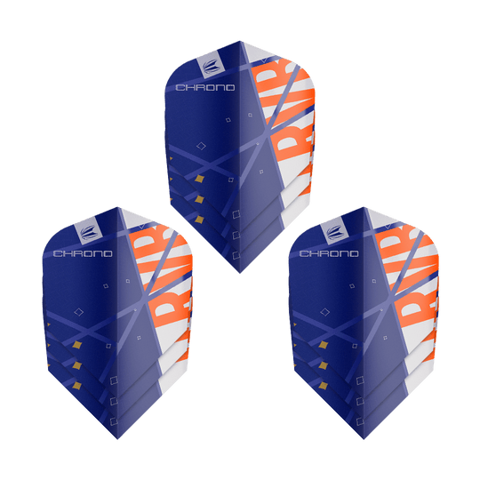 Das Bild zeigt drei Sätze Target Pro Ultra Raymond Van Barneveld Chrono Ten-X Standard Flights. Die Flights sind überwiegend blau mit weißen und orangefarbenen Akzenten gestaltet.