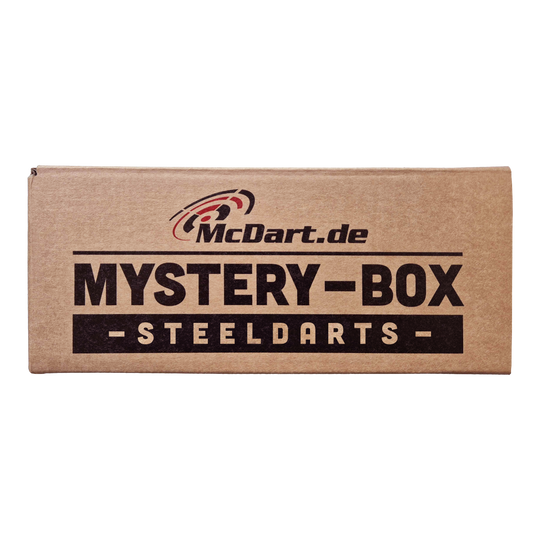Die Abbildung zeigt eine braune Box mit der Aufschrift „McDart Mystery-Box - Steeldarts“. Die Verpackung sieht einfach aus und ist speziell für Steeldarts-Fans gestaltet.