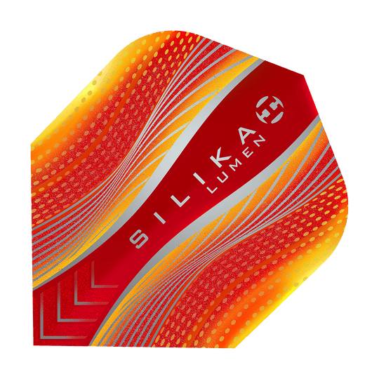 HF5128_Harrows_Silika_Lumen_Yellow_Red_No6_Flights_1 Dies ist ein Harrows Silika Lumen Flight in den Farben Gelb und Rot. Auf dem Flight steht der Schriftzug "SILIKA LUMEN".