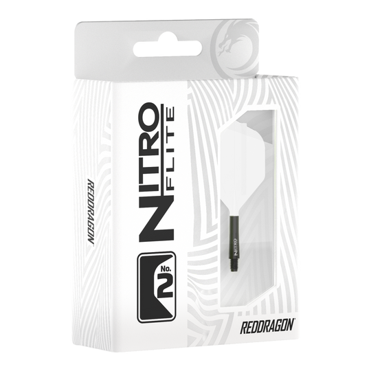 Red Dragon Nitroflite Black Shaft White Flights No2 Abgebildet ist Red Dragon Nitroflite Black Shaft White Flights No2. Zu sehen sind schwarze Dart-Schäfte mit weißen Flights.