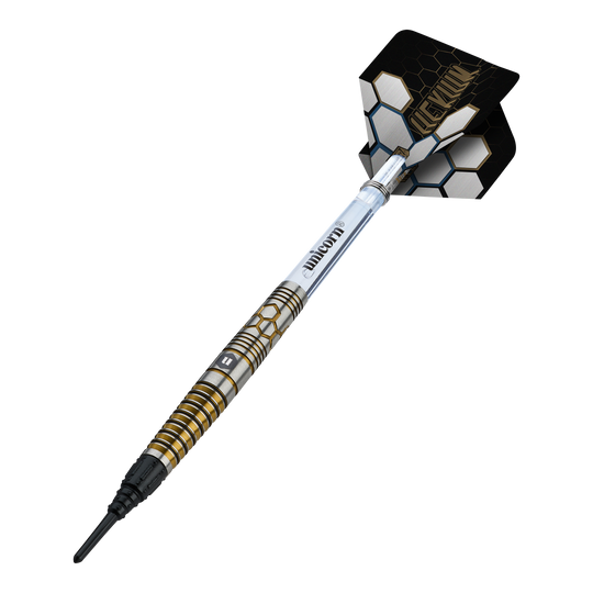 Abgebildet ist das Produkt Unicorn Hexium Style 02 Blue & Gold Softdarts - 21g. Die Farben Blau und Gold dominieren das Design der Softdarts.