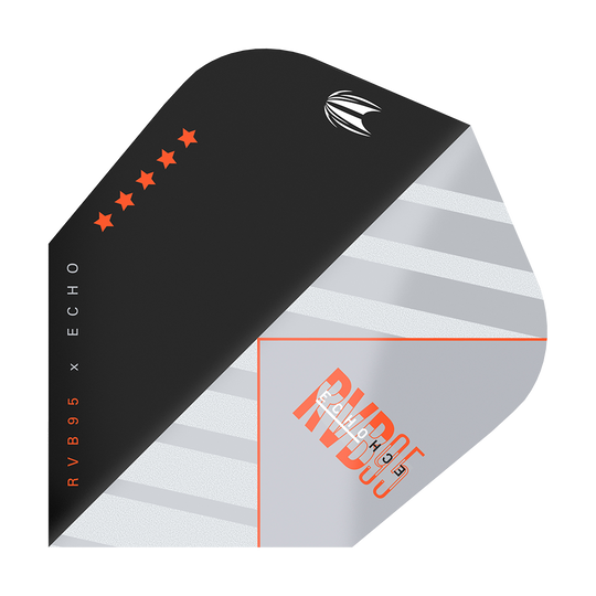 Das Bild zeigt das Produkt „Target Pro Ultra RvB95 X Echo Ten-X Flights“. Das Flight-Design ist schwarz und silber mit orangefarbenen Akzenten und fünf Sternen.