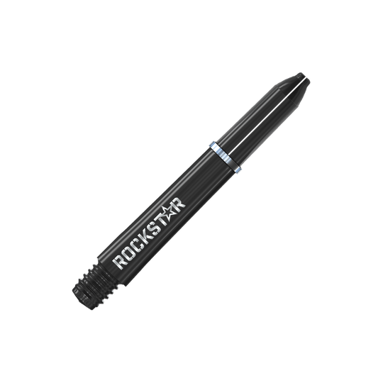 Winmau Joe Cullen Rockstar Nylon Shafts Black Auf dem Bild ist ein schwarzer Dart-Schaft mit der Aufschrift "ROCKSTAR" zu sehen. Der Schaft hat einen silbernen Ring in der Mitte.