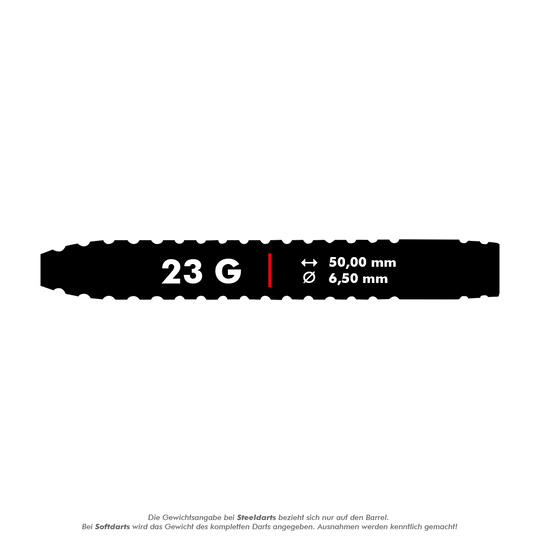 Unicorn Contender Camerion Menzies Steel Darts - 23g Das Bild zeigt die Produktdetails der Unicorn Contender Camerion Menzies Steeldarts mit einem Gewicht von 23 Gramm. Die Steeldarts haben eine Länge von 50,00 mm und einen Durchmesser von 6,50 mm.