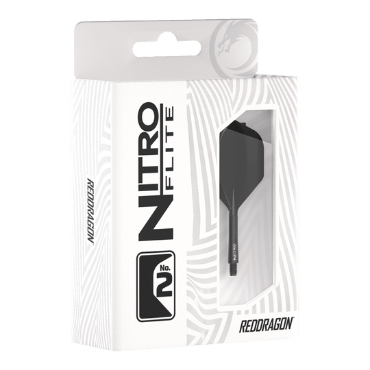 Die Verpackung zeigt das Produkt "Red Dragon Nitroflite - Black Shaft Black No2 Flights". Im Sichtfenster ist ein schwarzer Dart-Schaft mit schwarzem Flight zu sehen.