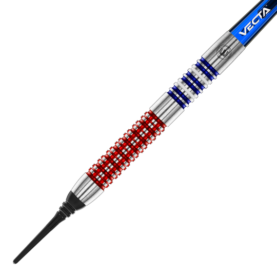 Winmau Garrett Rakowski soft darts - 20g Auf dem Bild ist ein Softdart des Modells "Winmau Garrett Rakowski Softdarts - 20g" zu sehen. Der Dart hat ein auffälliges Design mit roten und blauen Ringen auf dem silbernen Barrel.