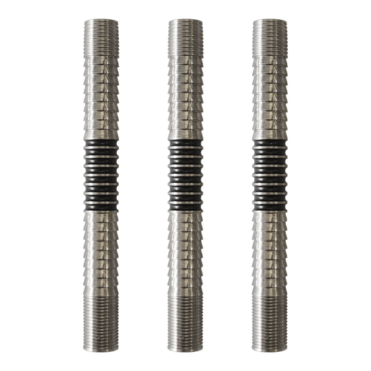 Das Bild zeigt die McDart Ringed Shark 2 Softdart Barrels. Die Dart-Barrels besitzen ein geriffeltes Shark- und Ring-Design.