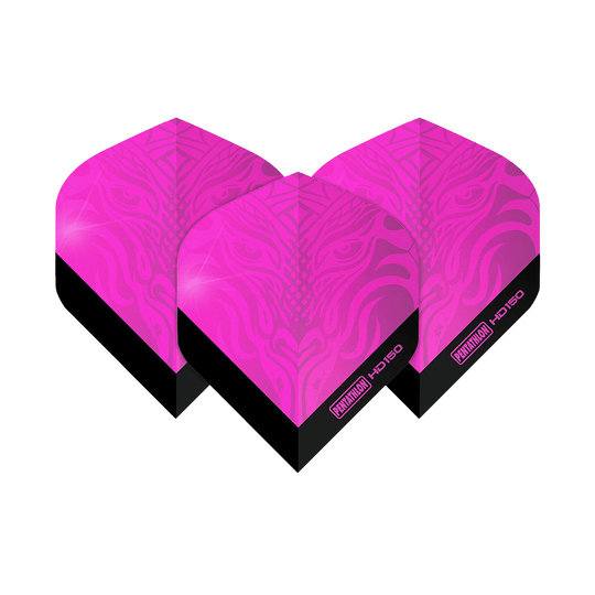 Das Bild zeigt drei Pentathlon HD150 Metallic Pink Standard Flights. Die Flights sind leuchtend pink mit einem schwarzen unteren Rand und einem dekorativen Muster.