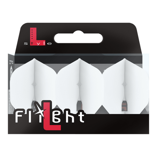 L-Style Champagne L1PRO Flights Auf dem Bild ist eine Packung mit drei weißen Dart-Flights zu sehen. Die Verpackung trägt die Aufschrift „L-style Flight“ und ist hauptsächlich schwarz und weiß gestaltet.