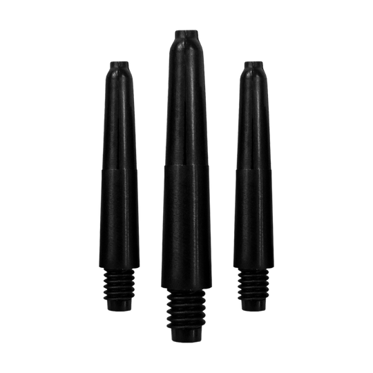 565_Nylon_Shafts_mit_Wunschdruck_Schwarz_28mm_1 Das Bild zeigt drei schwarze Nylon-Schäfte, die nebeneinander angeordnet sind. Sie sind als Ersatzteile für Dartpfeile gedacht.