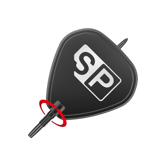 Das Bild zeigt die Target Swiss Point GRD Black Dartspitzen. Die Dartspitze ist schwarz und trägt das weiße "SP"-Logo.