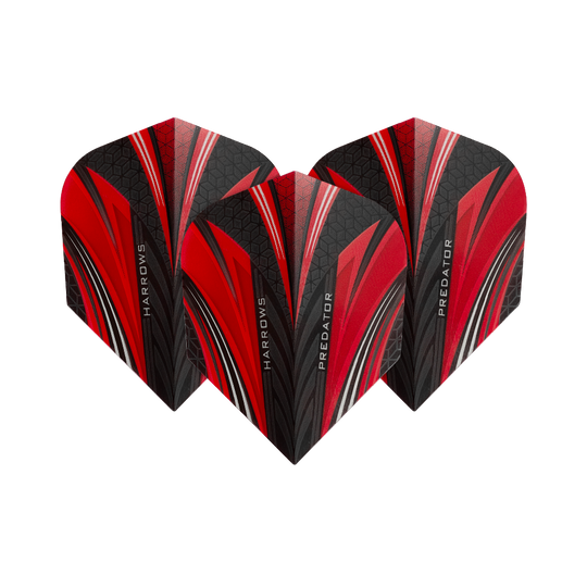 Das Bild zeigt drei Dart-Flights des Modells „Harrows Prime Predator Rot No2 Standard“. Die Flights sind in den Farben Rot, Schwarz und Weiß mit einem modernen Muster gestaltet.