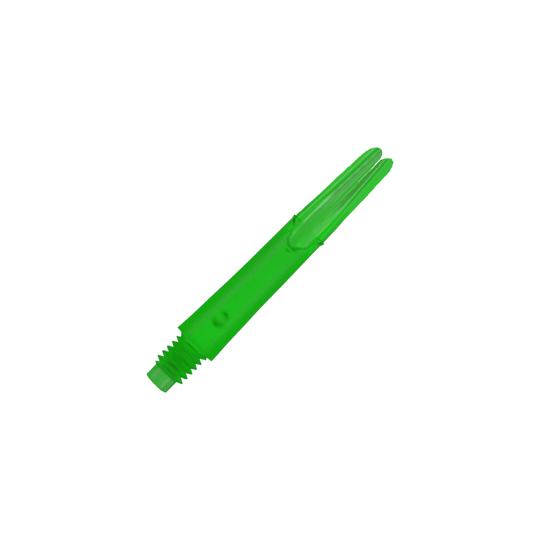 L-L-Style-Shafts Locked Straight - Green Das Bild zeigt einen geraden, grünen Dart-Schaft ohne Kappen. Er ist aus Kunststoff gefertigt und hat ein Schraubgewinde am unteren Ende.