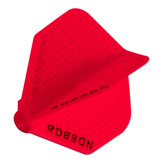 Robson Plus Dimple Flights - Rot Das Bild zeigt ein rotes Dart-Flight mit Dimple-Oberfläche der Marke Robson. Auf dem Flight steht der Schriftzug "ROBSON".