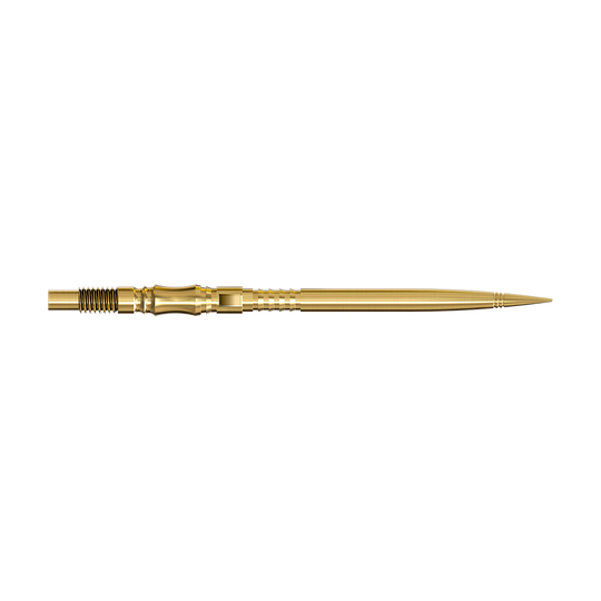 Harrows Quick Point Axis Elite Series Dart Tips - Gold Zwei lange, goldene Dartspitzen werden seitlich gezeigt. Beide Spitzen liegen parallel auf einer hellen Fläche.