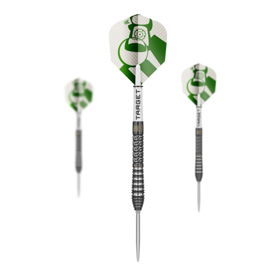 Target Charlie Manby Swiss Points steel darts Abgebildet ist das Produkt Target Charlie Manby Swiss Points Steeldarts. Das Bild zeigt ein Set Steeldarts mit spezieller Spitze.