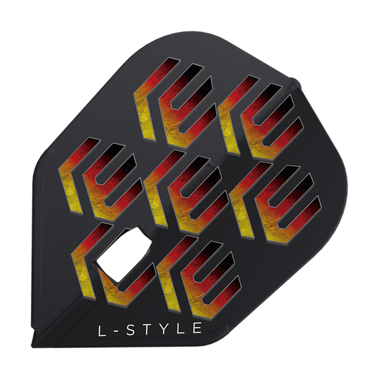 L-L-Styleukas Wenig V1 Black L3PRO Flights Auf dem Bild ist ein schwarzes Dartflight mit modernen, gelb-rot gefärbten Mustern zu sehen. Unten steht der Schriftzug "L-Style" aufgedruckt.