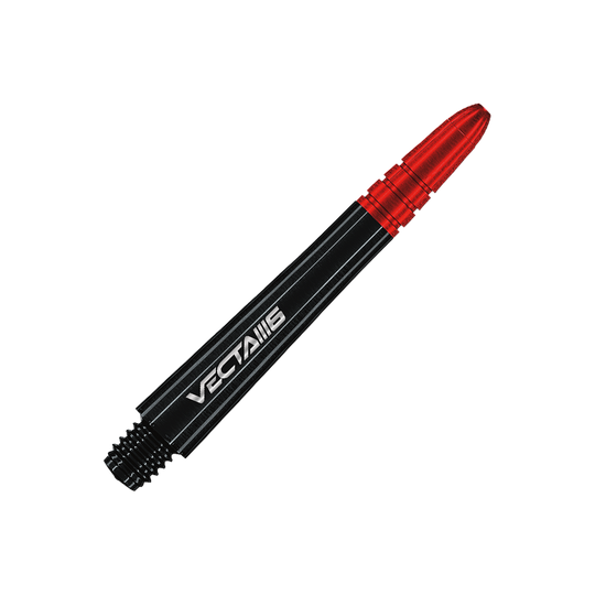 Auf dem Bild ist ein Winmau Vecta Shaft - Blade 6 zu sehen. Der Schaft ist schwarz mit roten Akzenten und dem Schriftzug "Vecta IIII6".
