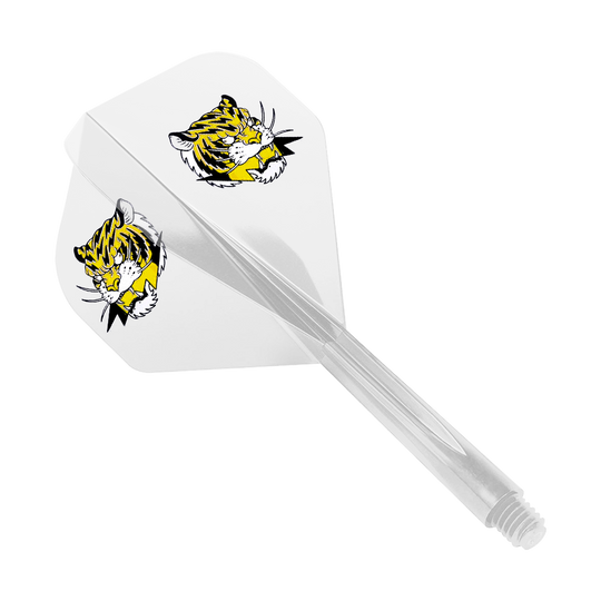 Das Bild zeigt das Produkt "Condor AXE Inazuma Tiger Mix Flight-System Yellow Clear - Standard". Auf dem weißen Flight sind zwei gelbe Tigerköpfe abgebildet.