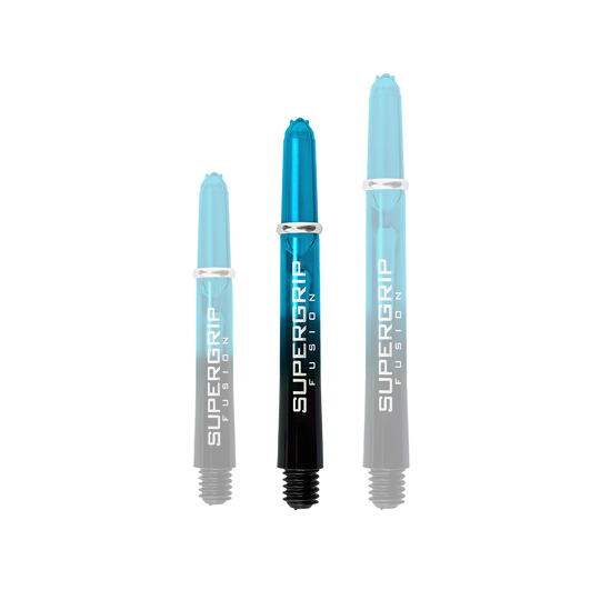 Das Bild zeigt drei Harrows Supergrip Fusion Shafts in der Farbe Aqua. Die Shafts sind halb transparent blau und schwarz und haben den Aufdruck "SUPERGRIP FUSION".