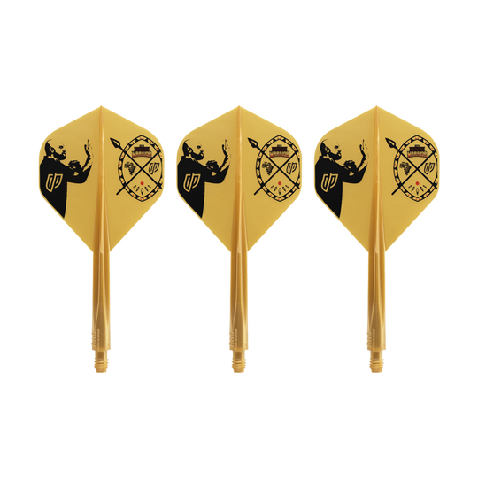 Auf dem Bild sind drei gelbe Dart-Flights mit schwarzem Motiv zu sehen. Sie tragen das Design des Condor AXE Devon Petersen Inspiration Flight-Systems in Standardform.