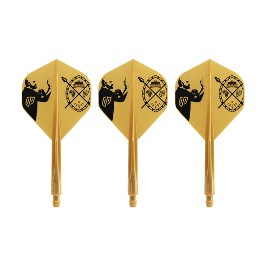 Condor AX Devon Petersen Inspiration Flight System - Standard Auf dem Bild sind drei gelbe Dart-Flights mit schwarzem Motiv zu sehen. Sie tragen das Design des Condor AXE Devon Petersen Inspiration Flight-Systems in Standardform.