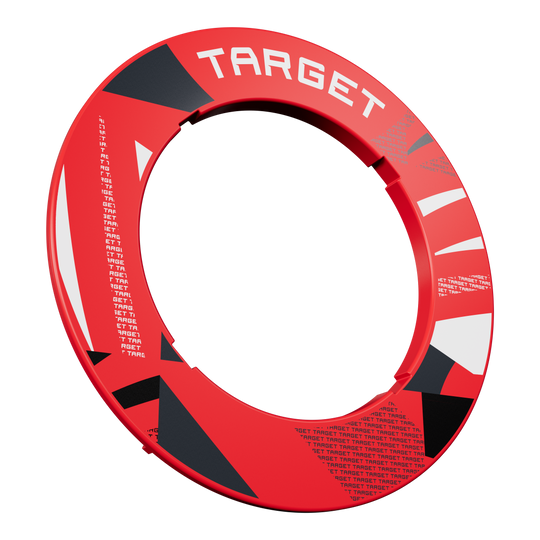 Target Notched Patterned Dartboard Surround Eine rote Dartboard-Umrandung mit Muster ist frontal abgebildet. Die Umrandung wirkt kontrastreich.