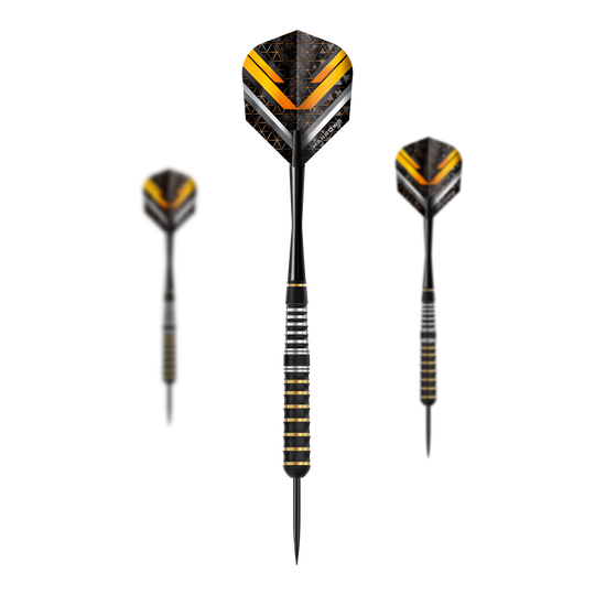 Das Bild zeigt die Harrows Vulcan Steeldarts. Es handelt sich um ein Set von Steeldarts für Dartspieler.
