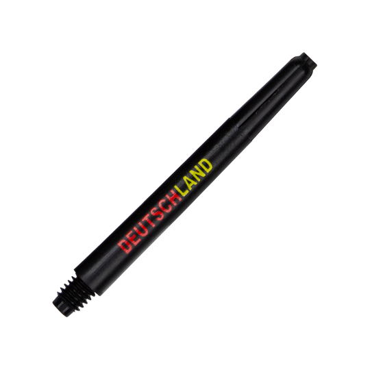 792_Nylon_Shafts_Deutschland_48mm_2 Das Bild zeigt einen schwarzen Nylon Shaft mit der Aufschrift "DEUTSCHLAND" in den Farben der deutschen Flagge. Der Shaft hat ein Schraubgewinde am unteren Ende.