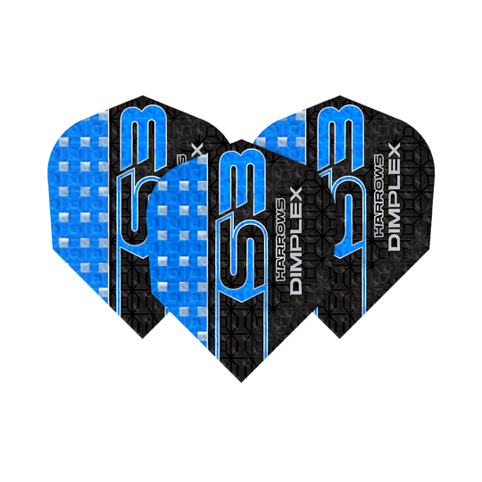 Harrows Dimplex S3 Flights - Blue Das Bild zeigt drei blaue Harrows Dimplex S3 Flights für Darts. Die Flights haben ein auffälliges Design mit blauen und schwarzen Mustern sowie der Aufschrift "S3" und "Dimplex".