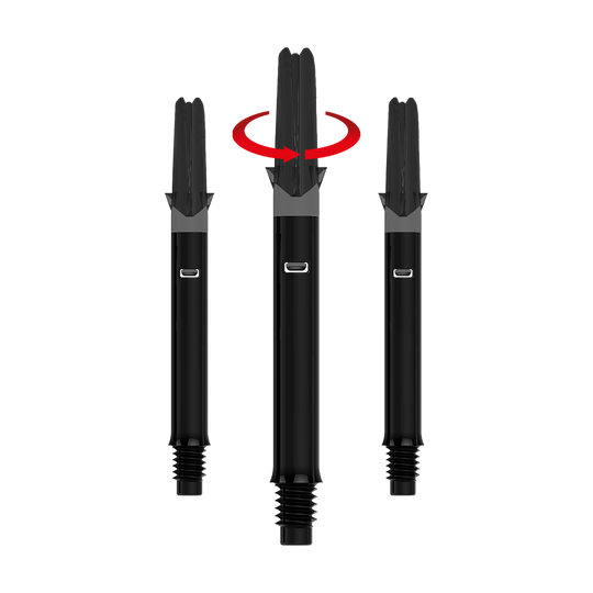 L-L-Style-Shafts Silent Straight - Black Das Bild zeigt drei schwarze Dartschäfte ohne Kappen. Über dem mittleren Schaft ist ein roter Pfeil, der eine Drehbewegung anzeigt.