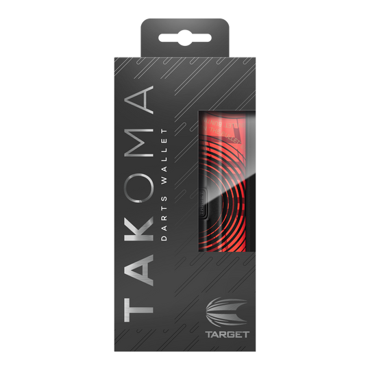 Target Takoma Stephen Bunting dart case Die Abbildung zeigt die Verpackung des Produktes „Target Takoma Stephen Bunting Dartcase“. Das Etui ist rot-schwarz gestaltet und befindet sich in einer eleganten, schwarzen Box mit Sichtfenster.