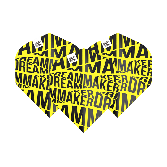 Das Bild zeigt drei gelbe Dart-Flights mit schwarzem Schriftzug "DREAMMAKER". Es handelt sich um die Target Pro Ultra Dimitri Van Den Bergh Yellow No2 Standard Flights.