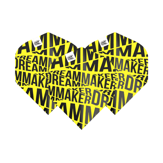TG81_336570_Target_Pro_Ultra_Dimitri_Van_Den_Bergh_Yellow_No2_Standard_Flights_18hFQT9EUOlowU Das Bild zeigt drei gelbe Dart-Flights mit schwarzem Schriftzug "DREAMMAKER". Es handelt sich um die Target Pro Ultra Dimitri Van Den Bergh Yellow No2 Standard Flights.