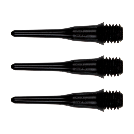 SLIP-BK-Short_Lippoints_50er_Black_1 Das Bild zeigt drei schwarze Short Lippoints Spitzen mit Gewinde. Diese Spitzen sind Ersatzteile für Dartpfeile.