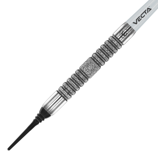 Winmau Jules Van Dongen soft darts - 20g Das Bild zeigt den Winmau Jules Van Dongen Softdart mit einem Gewicht von 20g. Der Dart hat ein silbernes, geriffeltes Griffstück und eine schwarze Spitze.