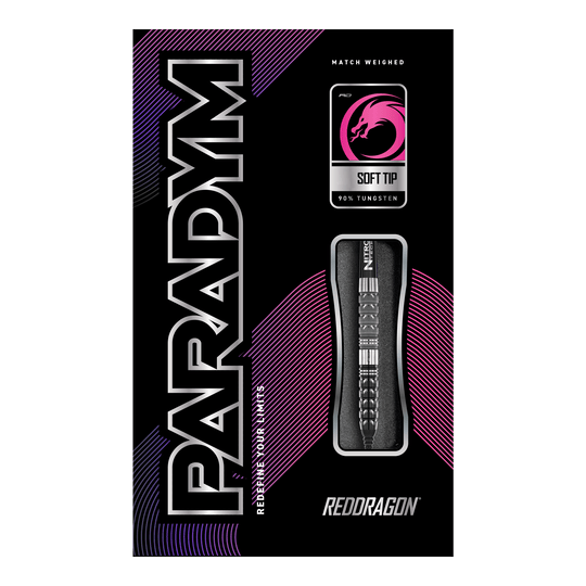 Red Dragon Paradym Tapered Soft Darts - 20g Das Bild zeigt die Verpackung der "Red Dragon Paradym Tapered Softdarts - 20g". Die Verpackung ist schwarz mit auffälligen pinken und silbernen Akzenten und zeigt den Dartpfeil und das Red Dragon Logo.