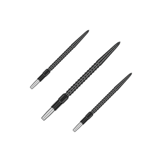 Target Swiss Point Chrono Dart Tips - Black Das Bild zeigt drei schwarze Dartspitzen mit einem strukturierten Muster. Sie sind spitz zulaufend und haben ein silbernes Endstück.