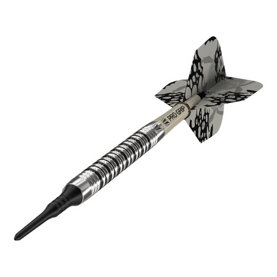 Target EXO 11 Soft Darts Das Bild zeigt den Softdart "Target EXO 11". Er hat ein silber-schwarzes Design mit einem gemusterten Flight und einem Pro Grip Schaft.