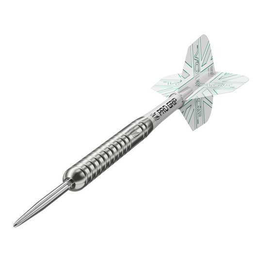 Target Rob Cross Voltage Swiss Point Steel Darts Das Bild zeigt einen Target Rob Cross Voltage Swiss Point Steeldart. Der Dartpfeil ist silbern und hat weiße Flights mit grünen Akzenten.